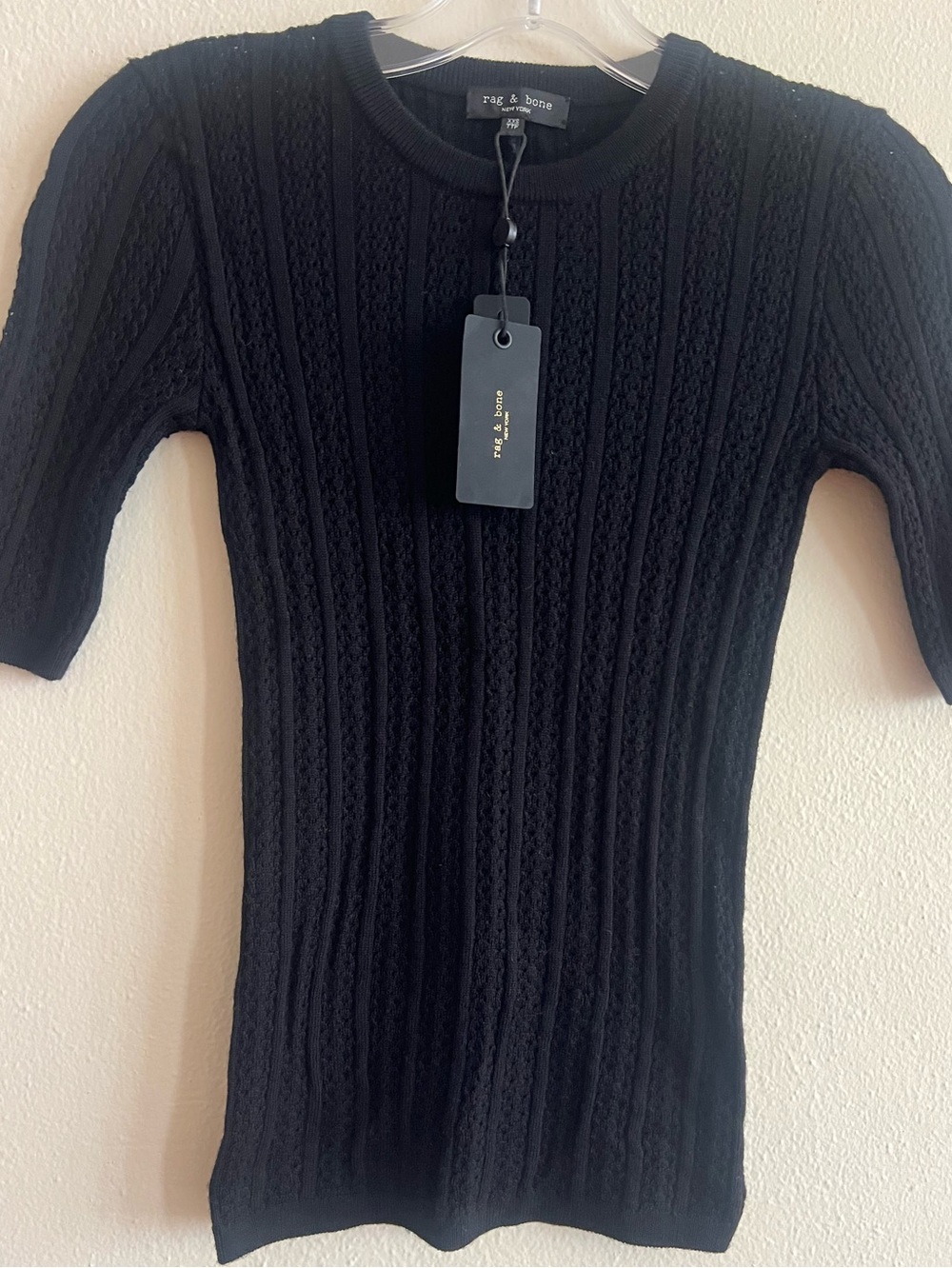 NWT $198 Rag & Bone Black Tina Short Sleeve Cable-Knit Sweater Wool Size XXS - Picture 10 of 15